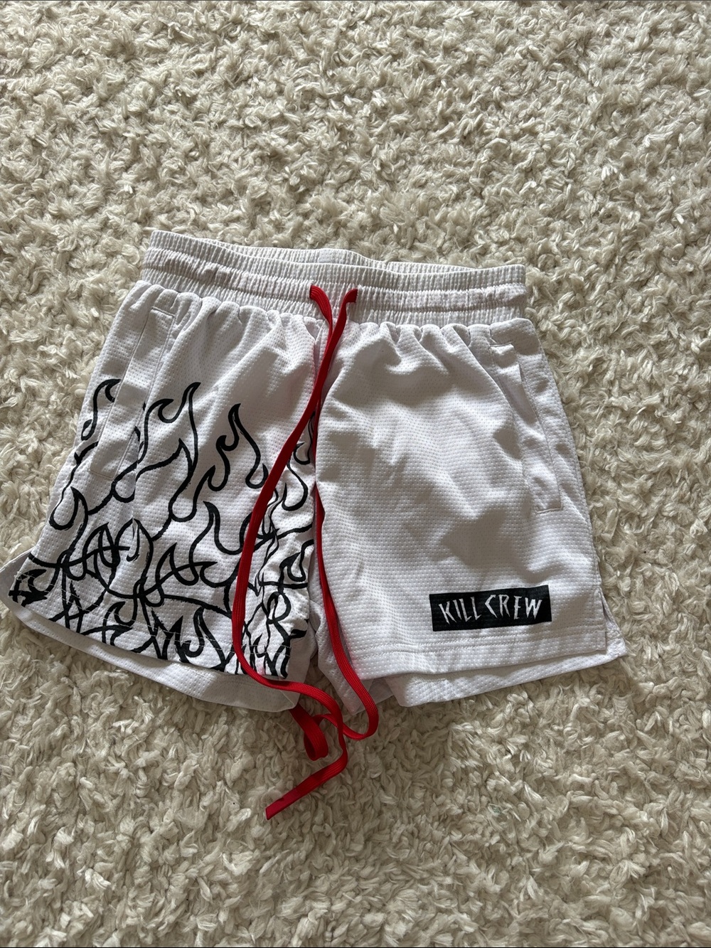 Kill Crew White Mesh Shorts with Black Flame Print and Red Drawstring